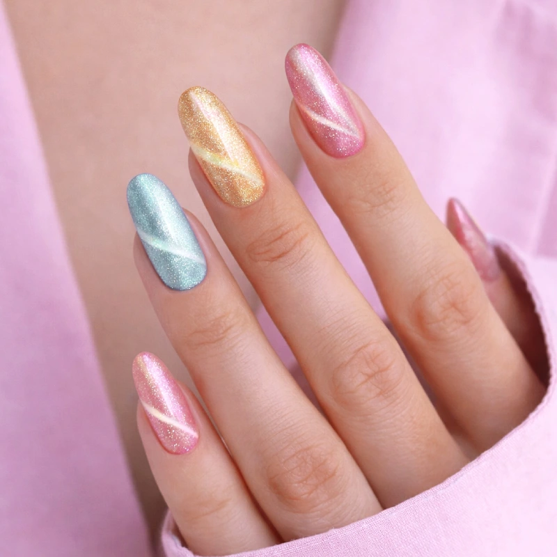 Pastelowy manicure Cat Eye w odcieniach różu, błękitu i żółci na migdałowych paznokciach