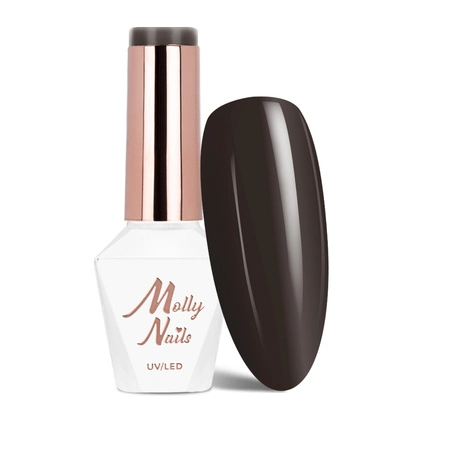 butelka brązowego lakieru hybrydowego MollyNails dark chocolate z kolekcji the trend edit