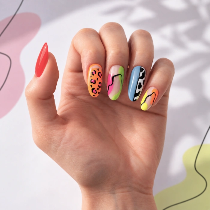 Kolorowe paznokcie mix and match z abstrakcyjnymi wzorami, animal print i falowanymi liniami