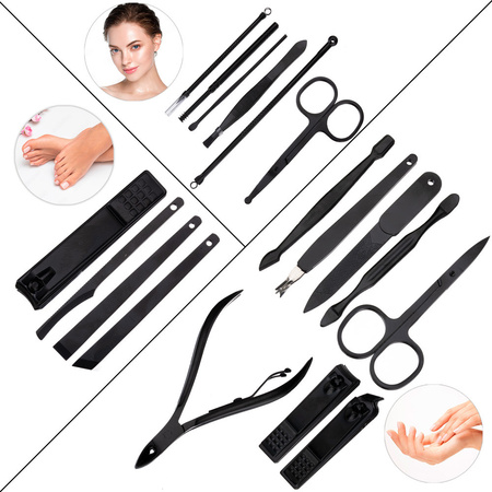 Set di 18 accessori per la cura della bellezza, per manicure, pedicure e trattamenti viso, in astuccio nero e rosso - CC046