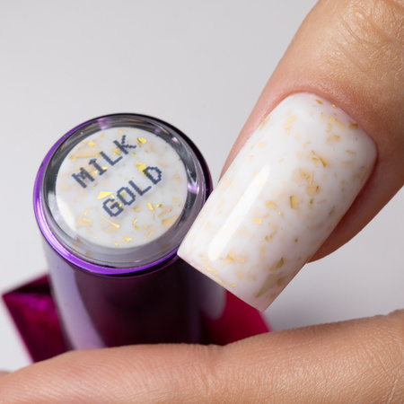 Base de caucho lechosa con copos dorados «Flakes Rubber Base Milk&amp;Gold» de MollyLac, sin HEMA ni Di-HEMA, 10 gramos