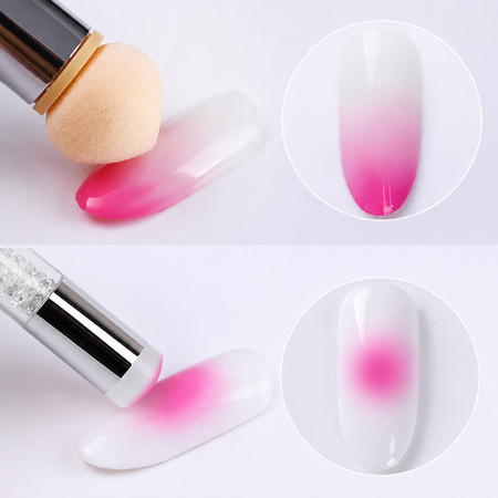 Dwustronny pędzel gąbka MollyNails do ombre i nail art stempel z cyrkoniami różowy