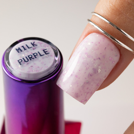 Base caoutchouc laiteuse avec des paillettes violettes métallisées « Flakes Rubber Base Milk&amp;Purple » MollyLac, sans HEMA/Di-HEMA, 10 grammes