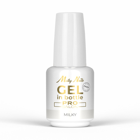 Aufbaugel in der Flasche mit Pinsel „Gel in Bottle“ von Molly Nails Pro Salon, milchig, HEMA/Di-HEMA-frei, 15 g