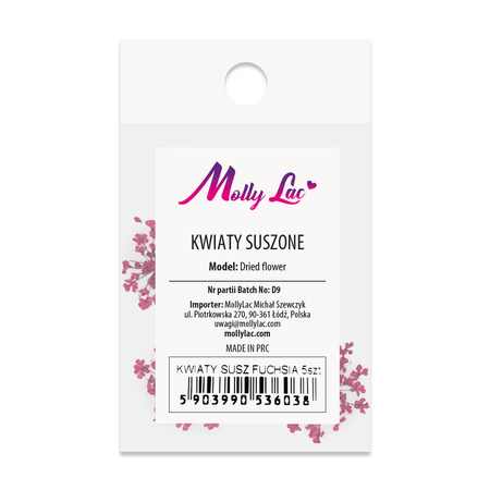 Flores secas para decorar las uñas MollyLac Fucsia, 5 unidades