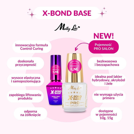 Base per smalto, base per aumentare l'aderenza, manicure e pedicure, X-Bond Base Pro Salon MollyLac, senza HEMA/Di-HEMA, trasparente, 15 grammi