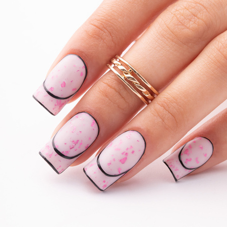 Base de caucho color leche con copos metalizados rosas «Flakes Rubber Base Milk&Pink»; Molly Nails, sin HEMA ni Di-HEMA, 10 gramos