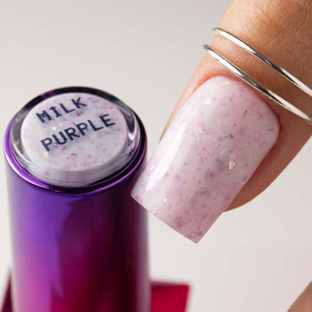 Base caoutchouc laiteuse avec des paillettes violettes métallisées « Flakes Rubber Base Milk&Purple » MollyLac, sans HEMA/Di-HEMA, 10 grammes