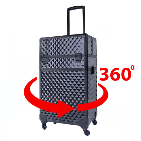 Trousse de maquillage XXXL 4-en-1, valise de maquillage à roulettes pivotantes à 360 degrés, motif Diamond 3D, noir avec finitions noires
