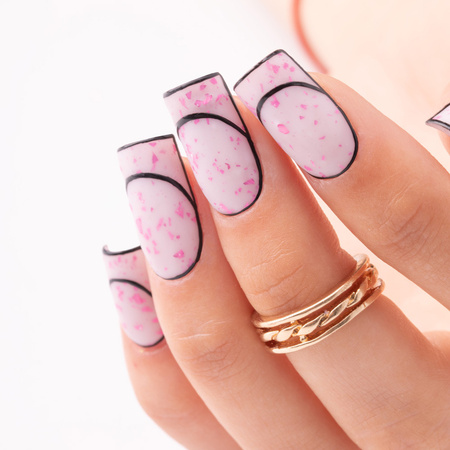 Base de caucho color leche con copos metalizados rosas «Flakes Rubber Base Milk&Pink»; Molly Nails, sin HEMA ni Di-HEMA, 10 gramos