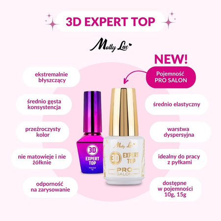 TOP WIPE 3D Expert Pro Salon MollyLac Clear Top Coat for Removal, 15 g