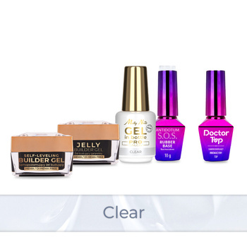 Molly Nails PRO MATCH SYSTEM 4+1 Clear: 3 geles de construcción + base + Doctor Top 10 g