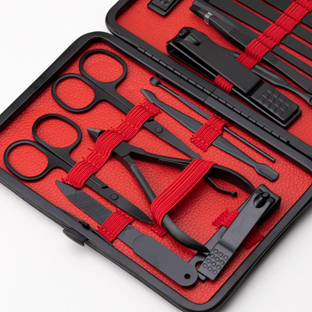 Set de 18 accesorios de belleza para manicura, pedicura y tratamientos faciales en un estuche negro y rojo - CC046