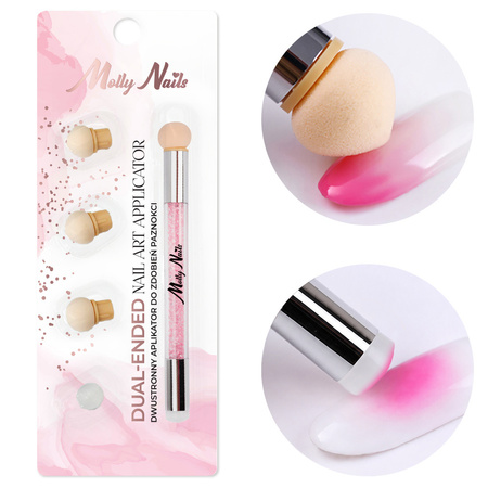 Dwustronny pędzel gąbka MollyNails do ombre i nail art stempel z cyrkoniami różowy