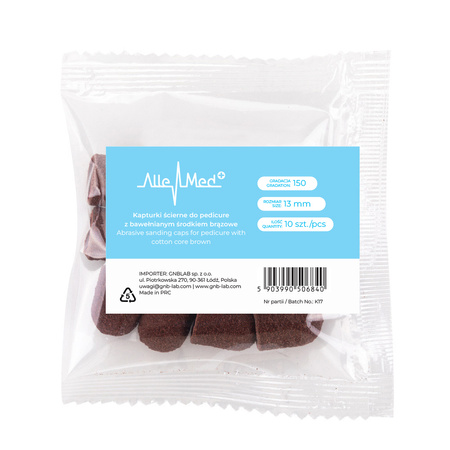 Capuchons abrasifs pour pédicure avec insert en coton, 13 mm, grain 150, marron, AlleMed, 10 pièces