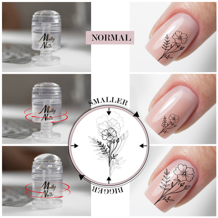 Silicone stamp for Molly Nails plates with adjustable pattern size and scraper