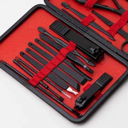 Set de 18 accesorios de belleza para manicura, pedicura y tratamientos faciales en un estuche negro y rojo - CC046