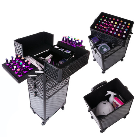 Maletín de maquillaje XXXL 4 en 1 con ruedas giratorias de 360 grados, Diamond 3D, negro con herrajes negros
