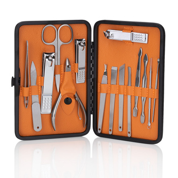 Coffret de 15 accessoires de beauté pour la manucure, la pédicure et les soins du visage, dans un étui noir et marron - CC045