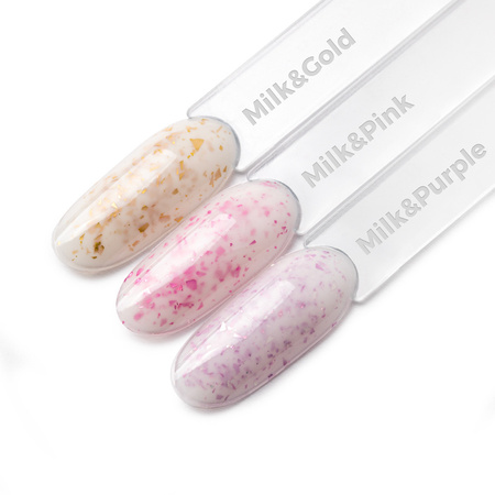 Base de caucho color leche con copos metalizados rosas «Flakes Rubber Base Milk&Pink»; Molly Nails, sin HEMA ni Di-HEMA, 10 gramos