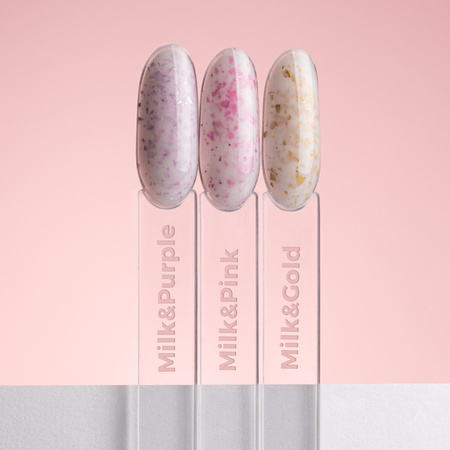 Base de caucho color leche con copos metalizados rosas «Flakes Rubber Base Milk&Pink»; Molly Nails, sin HEMA ni Di-HEMA, 10 gramos