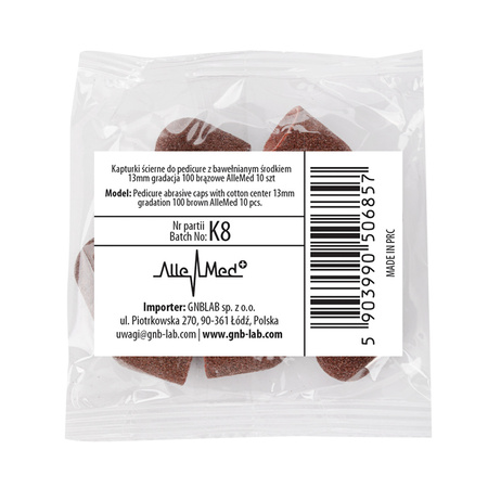 Cappucci abrasivi per pedicure con interno in cotone, 13 mm, grana 100, marroni, AlleMed, 10 pezzi