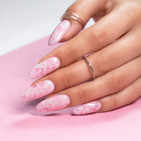 Base de caucho color leche con copos metalizados rosas «Flakes Rubber Base Milk&Pink»; Molly Nails, sin HEMA ni Di-HEMA, 10 gramos