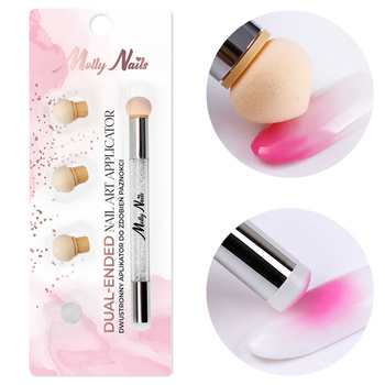 Pincel de doble cara con esponja de MollyNails para efecto ombré y nail art, con estampado de circonitas blancas