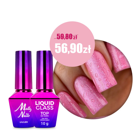 Set MollyNails Water Drop Effect: Creative Flow Base senza HEMA/Di-HEMA 10 g e Top Liquid Glass no wipe trasparente senza HEMA/Di-HEMA 10 g