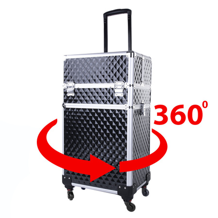 XXXL 4-in-1 cosmetic case, cosmetic suitcase on 360-degree swivel wheels, Diamond 3D, black with silver fittings
