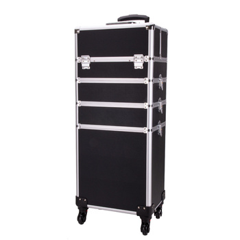 Valigetta da trucco XXXL 4 in 1 con ruote girevoli a 360° - Nero liscio con finiture argentate