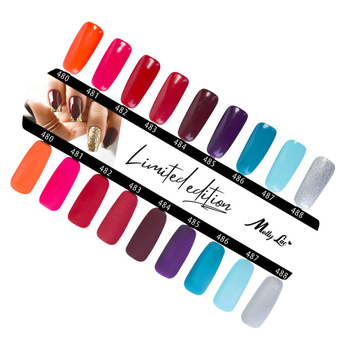 MollyLac Limited Edition gloss and matte color chart, 9 colors, nos. 480–488