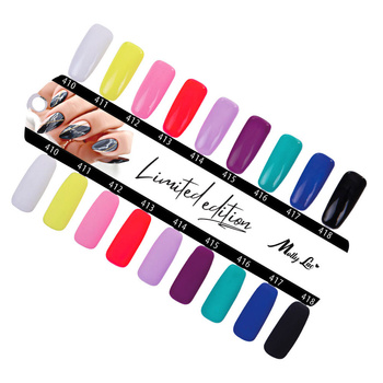 MollyLac Limited Edition gloss and matte color chart, 9 colors, nos. 410–418