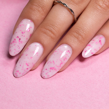 Base de caucho color leche con copos metalizados rosas «Flakes Rubber Base Milk&Pink»; Molly Nails, sin HEMA ni Di-HEMA, 10 gramos