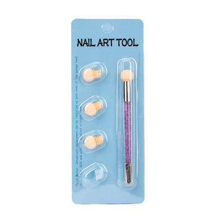 Pincel de doble cara con esponja para ombré y nail art, con estampador y pedrería, color morado
