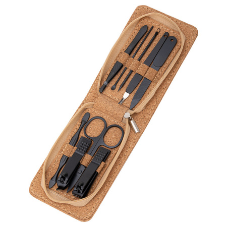 Set mit 9 Kosmetikzubehörteilen für Maniküre, Pediküre und Augenbrauenpflege in einem Korketui – CC044