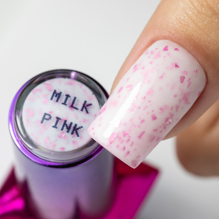 Milchfarbene Kautschukbasis mit rosa Metallic-Flakes „Flakes Rubber Base Milk&amp;Pink“ von MollyLac, HEMA/Di-HEMA-frei, 10 Gramm