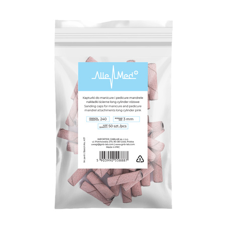 Kapturki do manicure i pedicure mandrele nakładki ścierne long cylinder 3mm gradacja 240 różowe 50 szt.